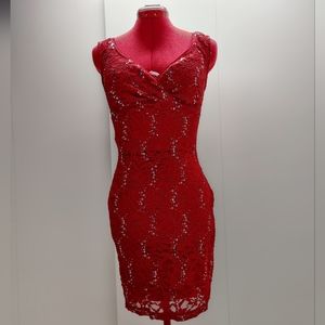 Red lace and sequin fitted cocktail dress